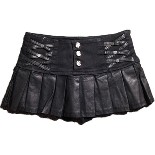 黑色百褶裙女春秋新款拼接皮半身裙a字牛仔短裤裙性感迷你超短裙