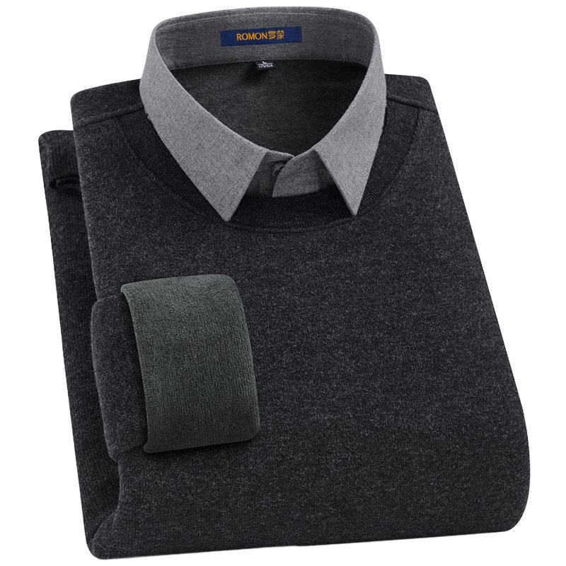 【羊毛+桑蚕丝】罗蒙冬季加绒针织衫假两件保暖衬衫男士打底毛衣