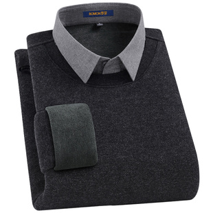 【羊毛+桑蚕丝】罗蒙冬季加绒针织衫假两件保暖衬衫男士打底毛衣