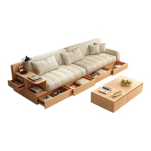多功能布艺沙发小户型原木风储物抽屉家用客厅钢琴键地台实木沙发