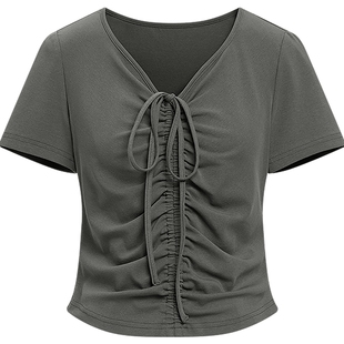 KBNE短袖女灰色T恤泽西风针织薄款抽绳收腰2025夏季新款百搭上衣