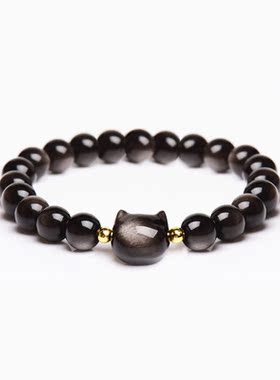 金曜石黑色精灵手链女银曜石手串