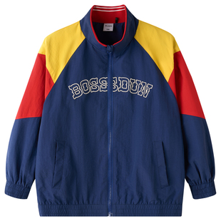 男童撞色拼接字母印花立领风衣2026新款山系户外儿童春装开衫外套