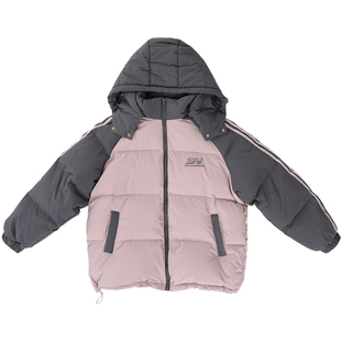 初中生2025冬季新款女大童白鸭绒撞色连帽羽绒服宽松外套青少年潮