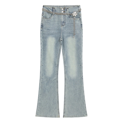 bebe2025秋冬新款女士含棉巴洛克风格金属腰链装饰牛仔裤411006