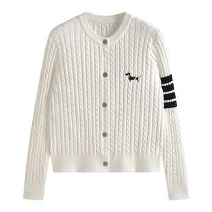 小狗刺绣设计感麻花针织衫女秋新款修身圆领四道杠tb开衫毛衣外套