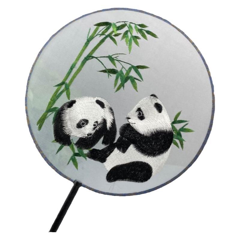 熊猫刺绣长柄团扇古风汉服半透舞蹈旗袍中国风古典扇子成都纪念品