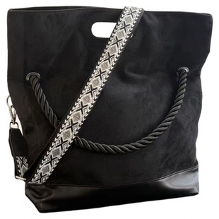 小众双拼设计麂皮绒黑色托特包男女潮流百搭大容量通勤单肩斜挎包