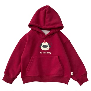 儿童一体绒卫衣秋冬装红色新年连帽上衣洋气男孩卡通加绒套头帽衫