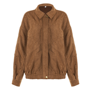 H家欧美女装 jennie同款鹿皮绒棕色外套时髦复古宽松休闲翻领夹克
