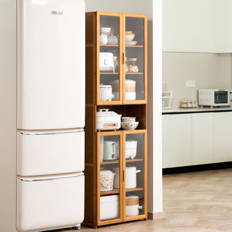 厨房用品收纳柜子落地多层多功能储物柜木带厨具置物架门书架餐具