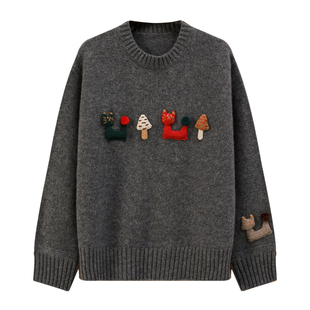 欧货高端羊绒衫女100纯羊绒重工加厚秋冬圆领宽松刺绣猫针织毛衣