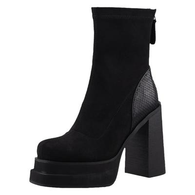 misili粗跟弹力靴方头防水台高跟