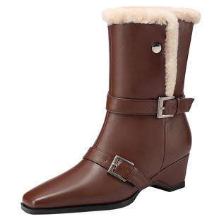 两种穿法羊羔毛毛靴舒适坡跟方头皮带扣加绒保暖中筒靴真皮短靴女