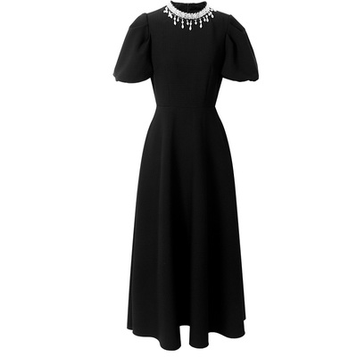 2025夏季新款时尚复古赫本风长裙订珠钻条领收腰大摆黑色连衣裙女