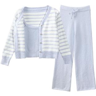 畹町半边绒睡衣女冬季保暖条纹开衫外套吊带长裤三件套家居服套装
