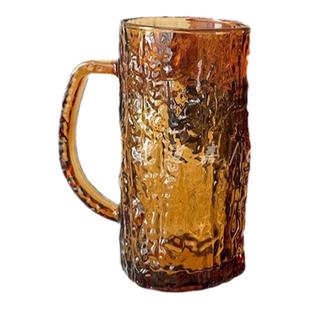 复古带把手琥珀色树皮纹玻璃杯大容量啤酒杯扎啤喝水泡茶果汁茶杯