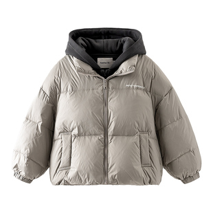 贝田男童假两件羽绒服2025新款冬季连帽儿童外套御寒保暖大童冬装