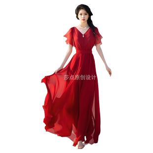 法式浪漫红裙子长款到脚踝大摆裙雪纺短袖夏季新款海边拍照度假裙