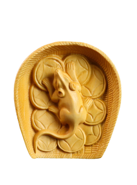 黄杨木雕刻富足簸箕老鼠摆件