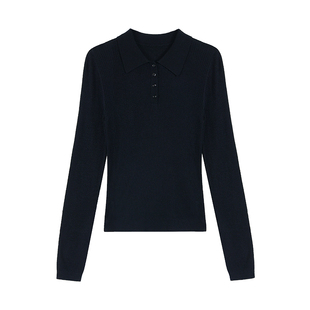 pusumede 秋日韵律 黑色polo领长袖针织衫女极简休闲修身气质上衣