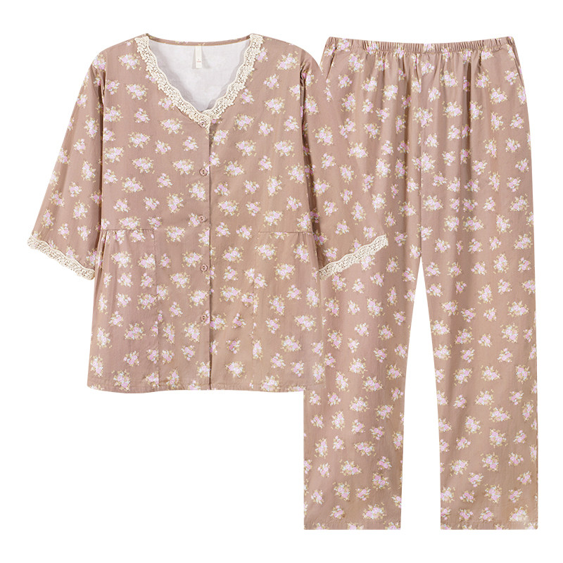 猫人睡衣女夏季纯棉短袖七分袖春夏款全棉中老年人妈妈奶奶家居服