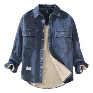 冬季大码加绒牛仔衬衫外套男休闲宽松上衣保暖纯棉加厚工装衬衣潮