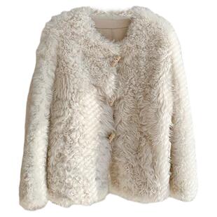 2025新牛角扣小香风羊羔毛环保皮草短款外套圆领羊剪绒皮毛一体女