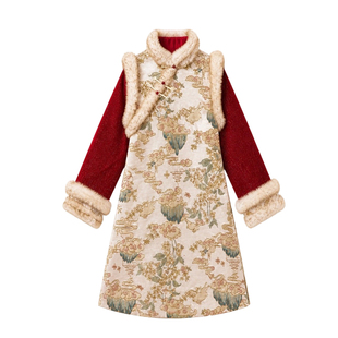 红色女童旗袍冬款加绒加厚女宝宝唐装新年拜年服中国风提花礼服裙