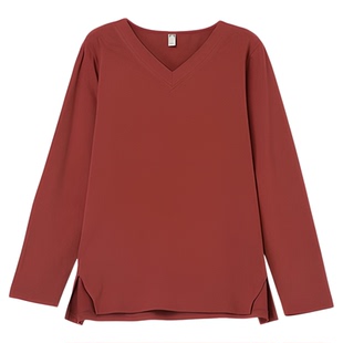 高端2025新款纯棉长袖t恤女宽松V领品牌外穿50多岁妈妈特大码上衣