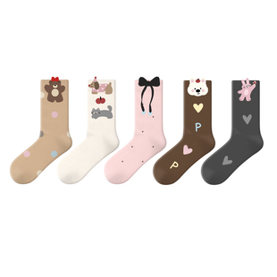 派米美拉德袜子女款秋冬季中筒袜卡通可爱蝴蝶结女士无骨长筒棉袜
