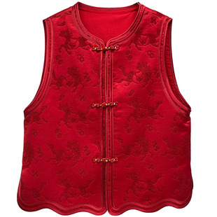 新中式红色提花马甲女2025新款对襟盘扣国风背心洋气百搭新年服