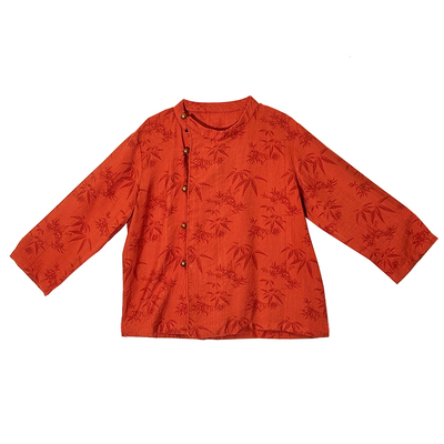 毛小姐 男童女童亲子汉服春秋偏襟圆领上衣 红色竹叶纹天丝棉年服