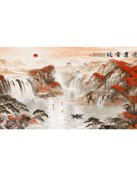 鸿运当头国画满山红风景靠山图办公室背景墙山水挂画客厅装饰字画
