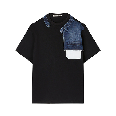 黑色牛仔解构拼接短袖T恤