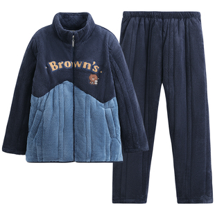 布朗熊睡衣男冬季加厚三层夹棉青年男款加绒保暖珊瑚绒家居服套装