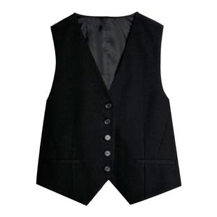 MUCCHIC/时髦老钱风/黑色丝纺拼接V领西装马甲夏外搭叠穿无袖上衣