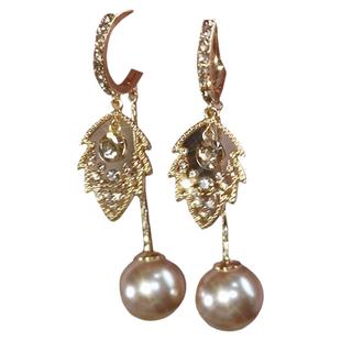 法式轻奢高级感咖色满钻树叶珍珠耳环女小众设计耳扣气质叶子耳饰