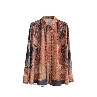 轻奢法式vintage风定位印花绸缎衬衫阔腿裤时尚套装大女主两件套