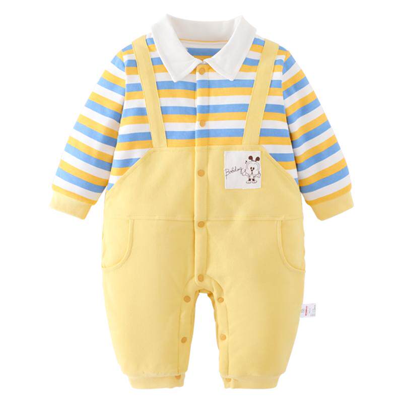 婴儿连体春秋季新生儿保暖夹棉衣服翻领男宝宝秋装外出服条纹哈衣
