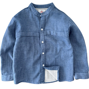 绵软轻薄男童双层棉纱衬衣儿童纯棉长袖衬衫宝宝白色立领上衣纯色