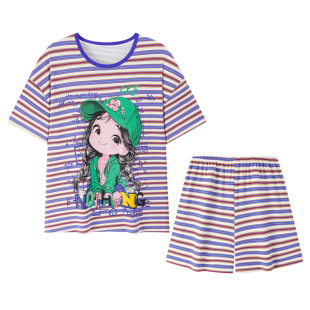 【纯棉-宽松版】2026新款睡衣女夏季带胸垫短袖短裤条纹家居服套