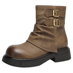 达芙妮棕色短靴子女2025新款秋冬厚底马丁靴美拉德西部牛仔裤管靴