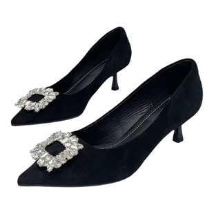 黑色职业细跟高跟鞋女5cm中跟2026春新款水钻方扣尖头单鞋不累脚