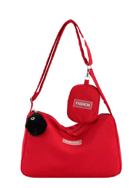 小众休闲尼龙包包女2023新款运动红色斜挎包大容量单肩上课通勤包