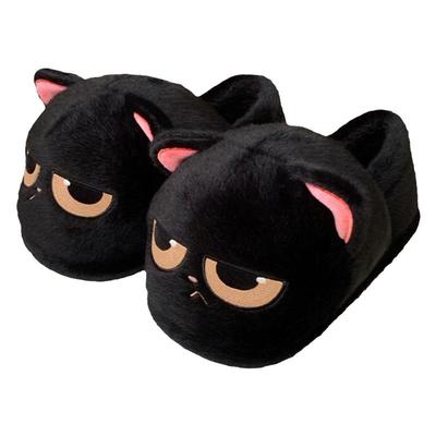 细细条个性黑色大眼小猫棉拖鞋