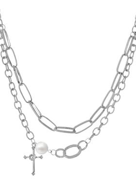 Wind 双层叠戴十字加珍珠项链女ins风个性冷淡风小众设计感锁骨链