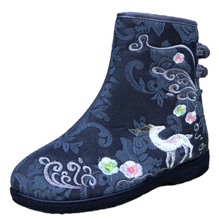 绣花靴子女冬季加绒保暖棉鞋民族风时尚款舒适软底老北京汉服布鞋