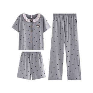 芬腾纯棉女士短袖睡衣夏季花边薄款短袖长裤三件套大码家居服套装