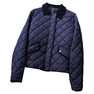 纯色菱格绗缝灯芯绒拼接翻领外套2025冬季新款长袖女棉衣棉服B475